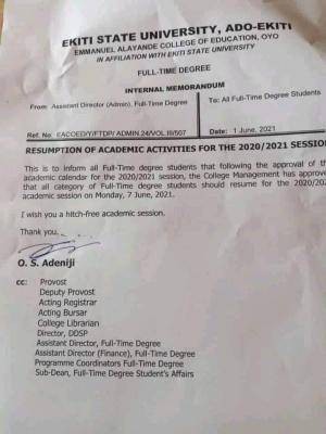 EACOED announces resumption date for degree students, 2020/2021