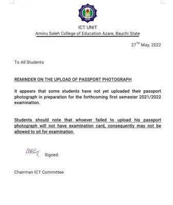 Aminu Saleh COE notice on uploading of passport photograph