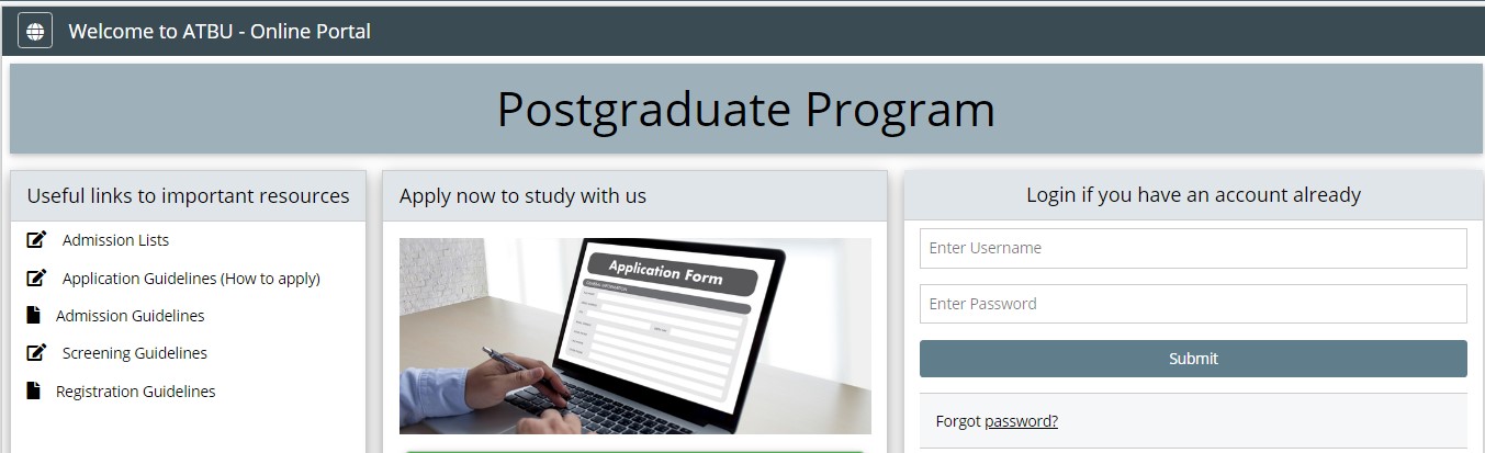 ATBU Postgraduate Login Portal