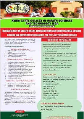 Kebbi State College of Health Sciences, Jega admission,  2021/2022