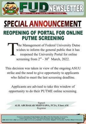 FUDutse reopens online Post-UTME portal, 2021/2022