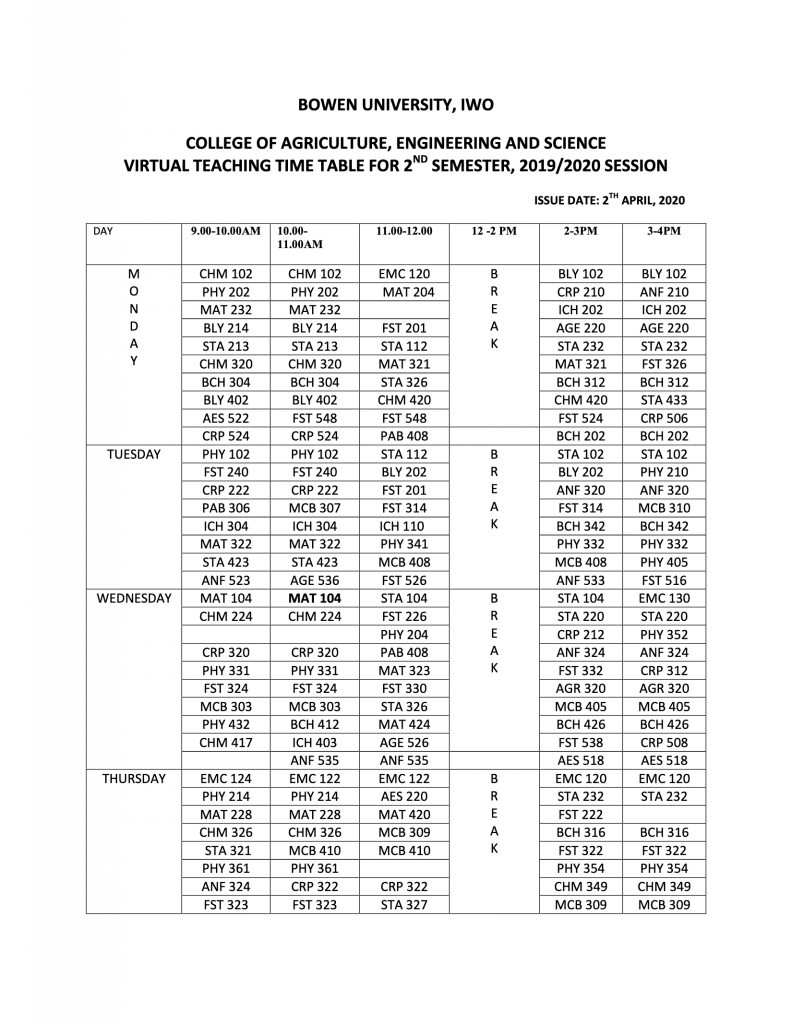 Bowen University Virtual Teaching Timetable