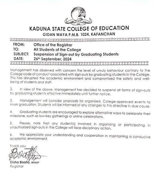 KSCOE notice on suspension of sign-out celebration by graduating students