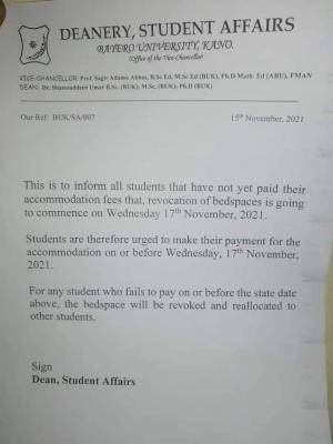 BUK notice to students yet to pay accomodation fees