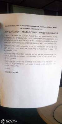 A.D RUFAI College of Education, Legal and General studies Misau resumption date