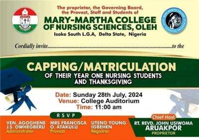 Mary Martha College of Nursing announces Matriculation ceremony