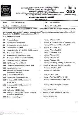 OGITECH approved academic calendar for 1st & 2nd semester, 2023/2024