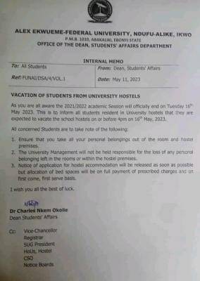 FUNAI notice on vacation of students from university hostels