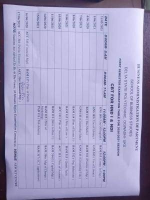 Delta Poly Ogwashiuku 1st semester CBT exam timetable for HND I & ND I, 2020/2021