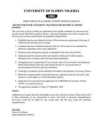 UNILORIN Inter-University Transfer Application form, 2024/2025