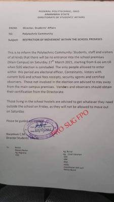 Fed Poly Oko notice on restriction of movement within the school premises