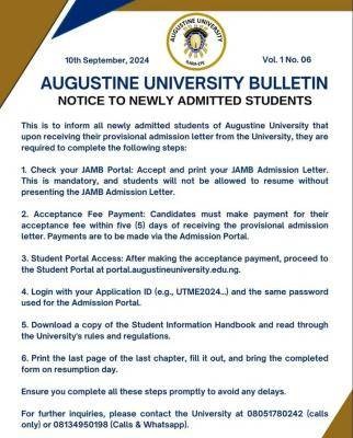 Augustine University important notice to newly admitted students, 2024/2025