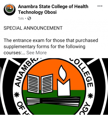 Anambra State college of Health Technology, Obosi 2020 entrance exam date