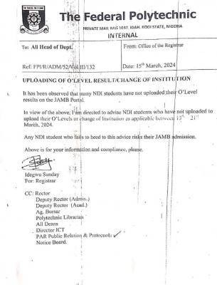 Fed Poly Idah notice on uploading of O'Level results/change of institution