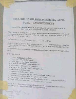 College of Nursing Sciences, Lafia admission into Basic Midwifery, September intake - 2023