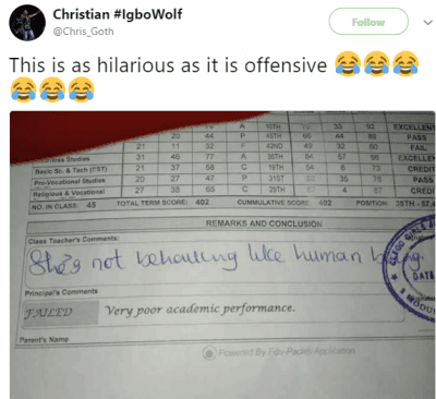 See a Teacher's Remark on a Pupil's report sheet