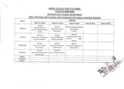 AbduGusau Polytechnic first semester Lecture timetable, 2021/2022