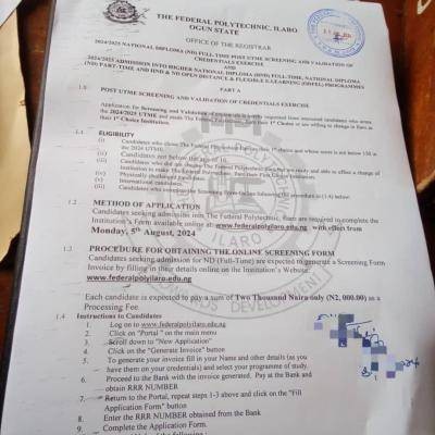 Federal Poly Ilaro Post-UTME 2024: Cut-off mark, Eligibility and Registration Details