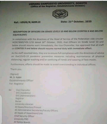 UDUSOK resumption notice to staff on grade level 10 and below