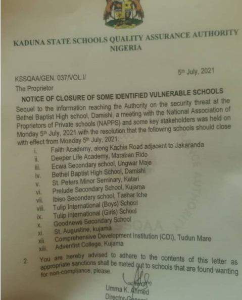 Kaduna state government orders closure of 13 schools