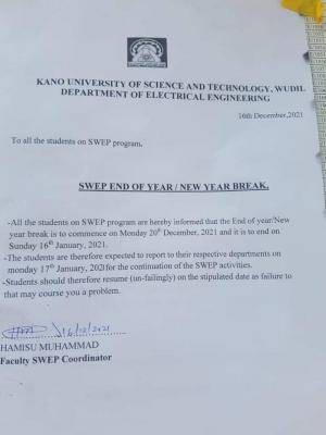 KUST announces end of the Year Break for SWEP students