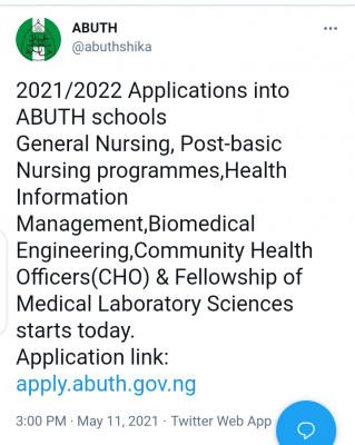 ABUTH Nursing and Health Programmes admission, 2021/2022