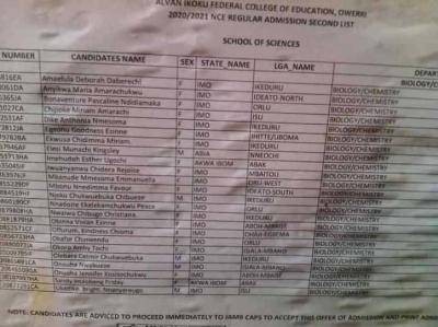 Alvan Ikoku COE NCE Regular 2nd Batch Admission List, 2020/2021