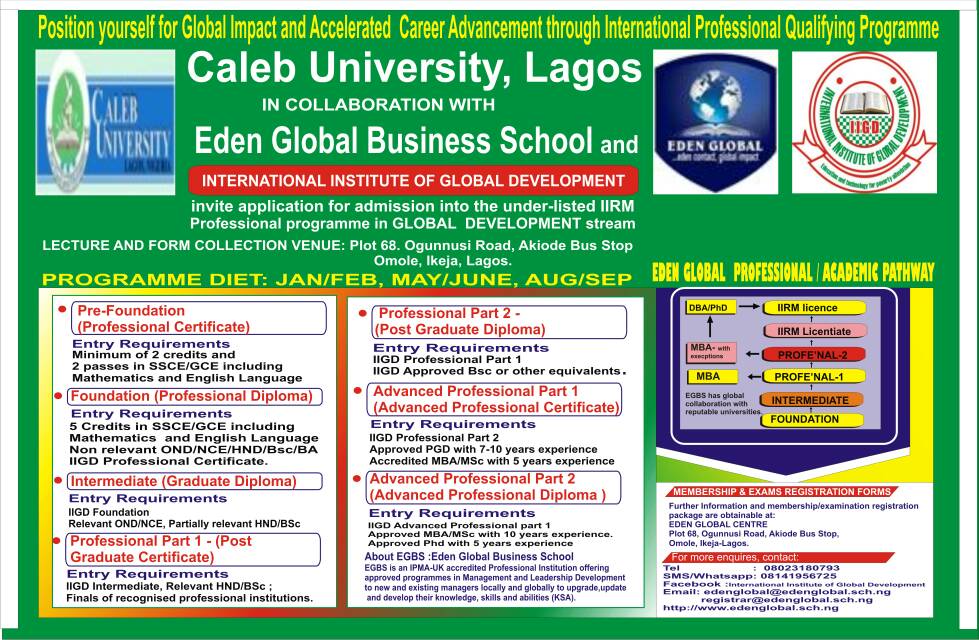 Caleb University - Eden Global Specialist Professional Certificates Programme Admission - 2017/18