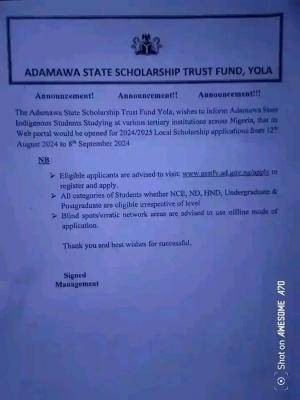 Adamawa State Scholarship for indigenous students