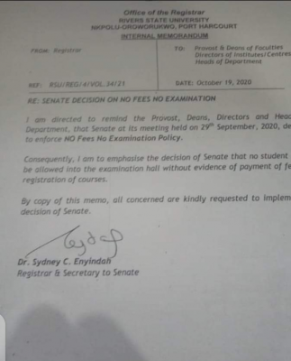 RSU notice on "No fee No Exam Policy"