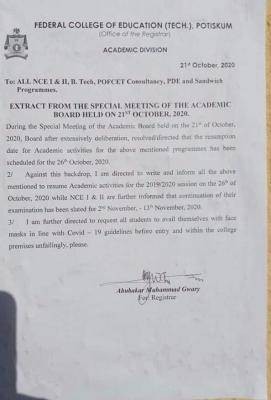 Federal College of Education Potiskum resumption notice