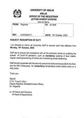 UNIABUJA issues notice to staff on resumption