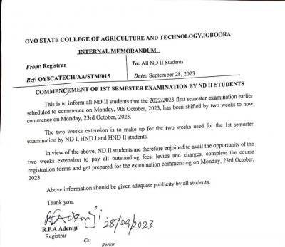 OYSCATECH notice on commencement of 1st semester exam by ND II students