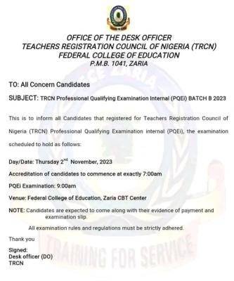 FCE, Zaria announces date for TRCN Professional Qualifying Exam Internal (Batch B 2023)