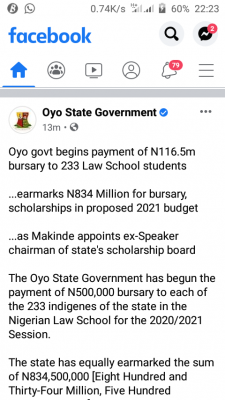 Oyo govt begins payment of N116.5m bursary to 233 law school students