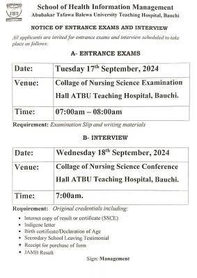 ATBUTH School of Health Information Management notice of entrance exam and interview