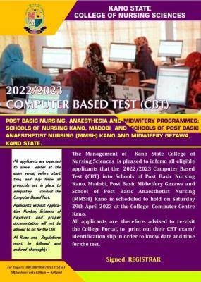 Kano State College of Nursing Science CBT entrance examination, 2022/2023