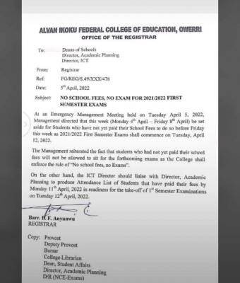 Alvan Ikoku COE set to enforce "no school fees, no exam policy"