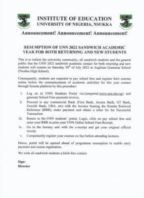 UNN resumption date for Sandwich students