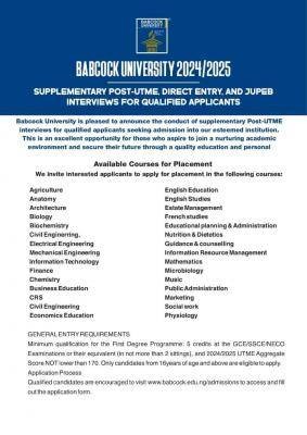 Babcock University supplementary Post UTME/DE & JUPEB interviews for candidates, 2024/2025