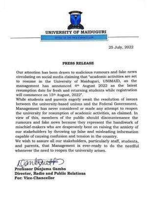 UNIMAID notice on fake memo circulating social media