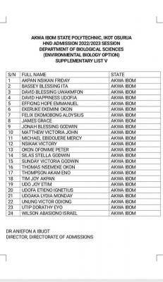 Akwa Poly HND supplementary V admission list, 2022/2023