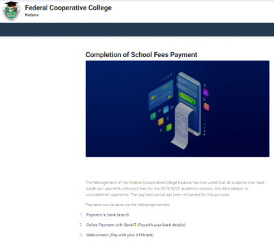 Federal Cooperative College, Kaduna notice on completion of fees Payment, 2019/2020