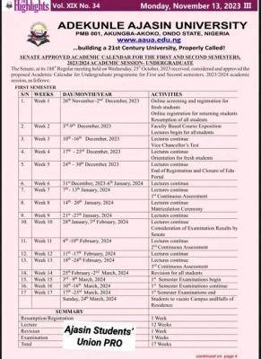 AAUA academic calendar for 2023/2024 academic session