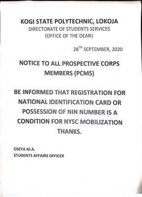 Kogi State Polytechnic Issues Notice To All Prospective Corps Members