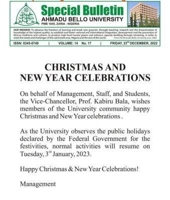 ABU notice on resumption date after Christmas and New Year festivities