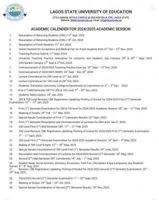 LASUED approved academic calendar, 2024/2025