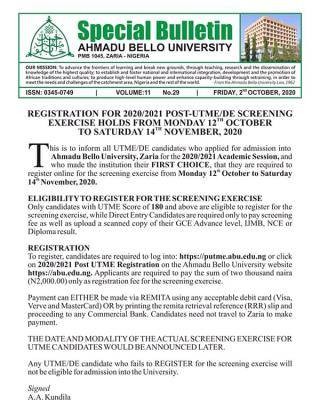 ABU Post-UTME/DE 2020: Cut-off mark, Eligibility, Screening Dates and Registration Details