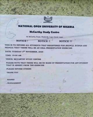 NOUN Mcarthy Centre notice to students on oral presentation