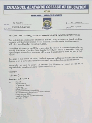 Emmanuel Alayande COE notice on 2nd semester resumption for 2019/2020 session